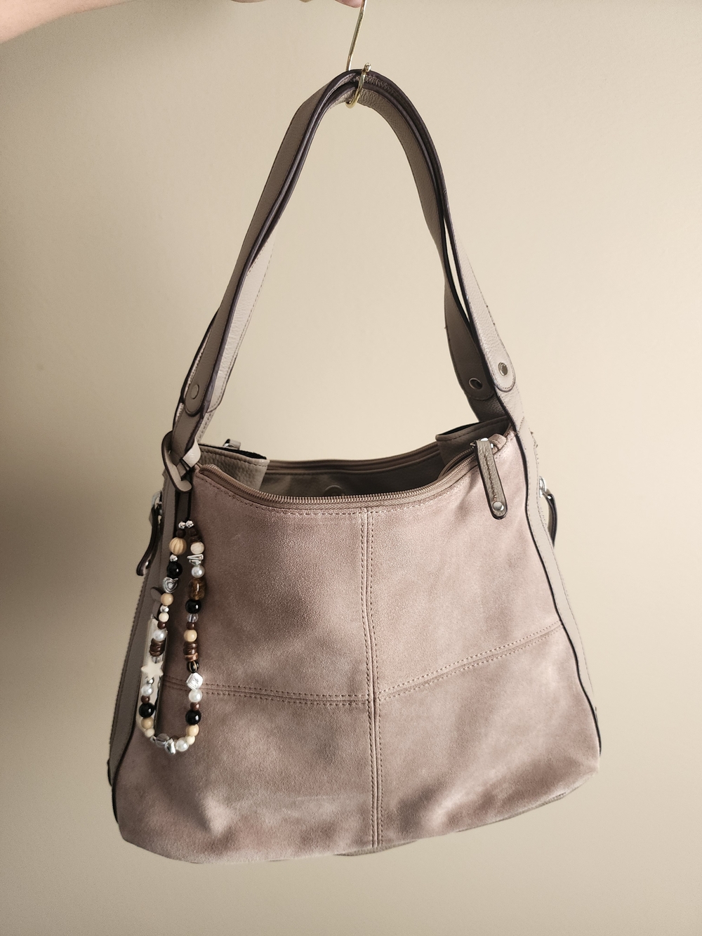 Stylish Taupe Suede Hobo Bag with Beaded Charm